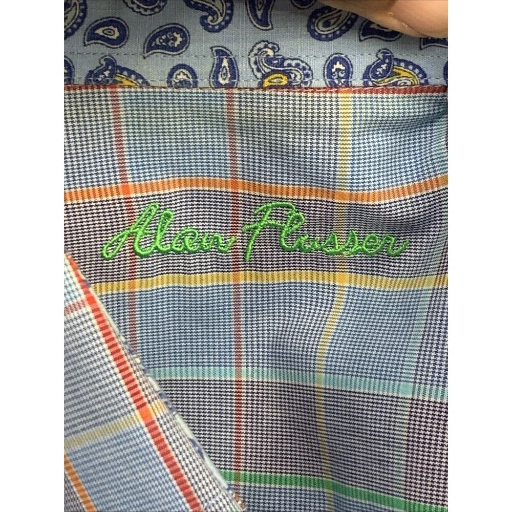 Alan Flusser Men's Multicolor Plaid Button Down Shirt Long Sleeve Large Cotton